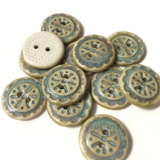 Scalloped Flowers Porcelain Button  ‘Turquoise & Sage’  11/16"