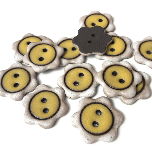 ‘Floral Darlings' Black Stoneware Button - Antique White & Yellow  7/8"