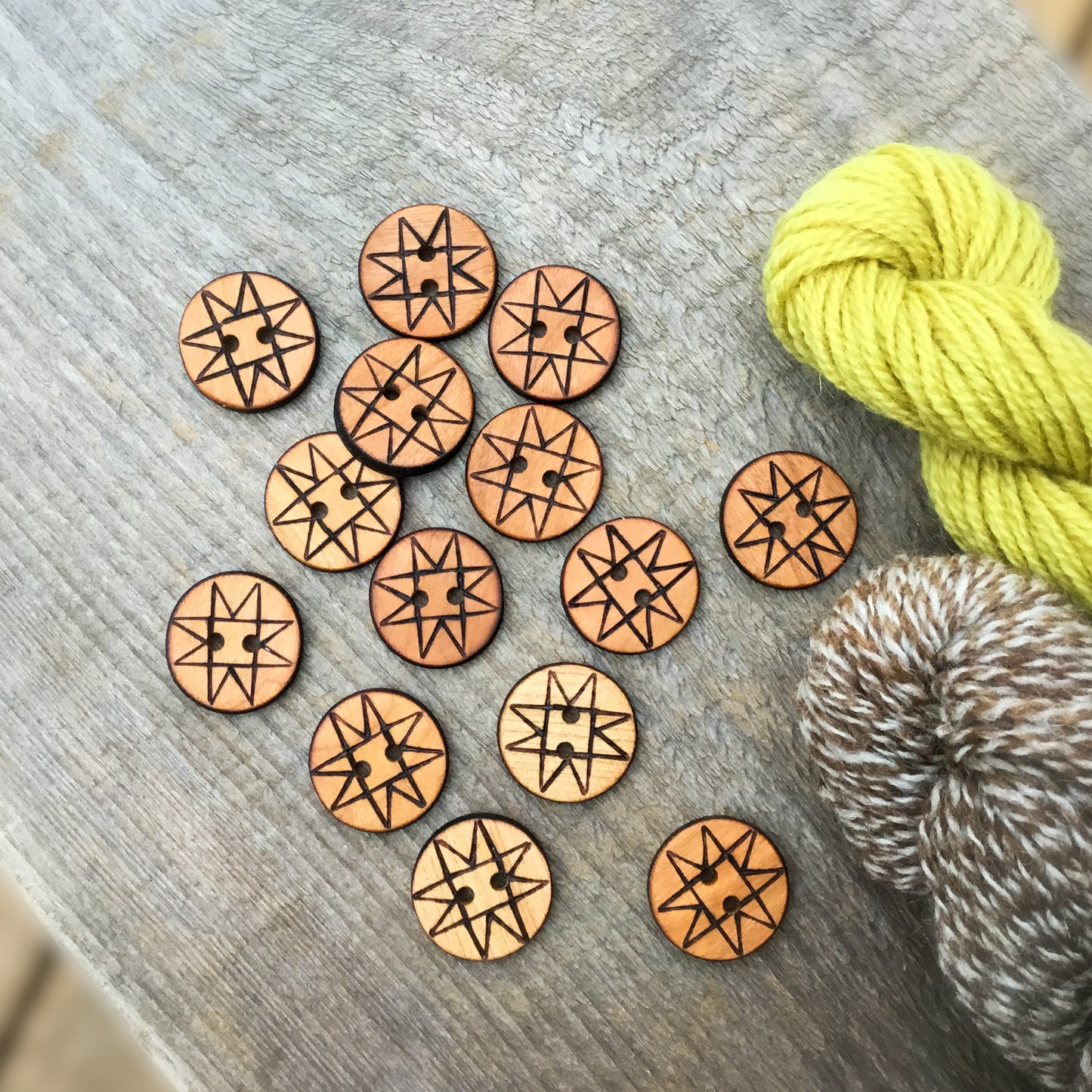 Wood Burned Quilt Star Button on Cherry Wood  1"