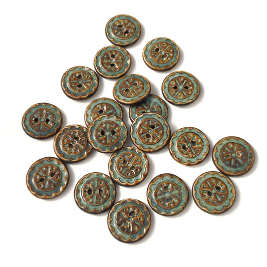 Scalloped Flowers Porcelain Button  ‘Turquoise Patina’  11/16"