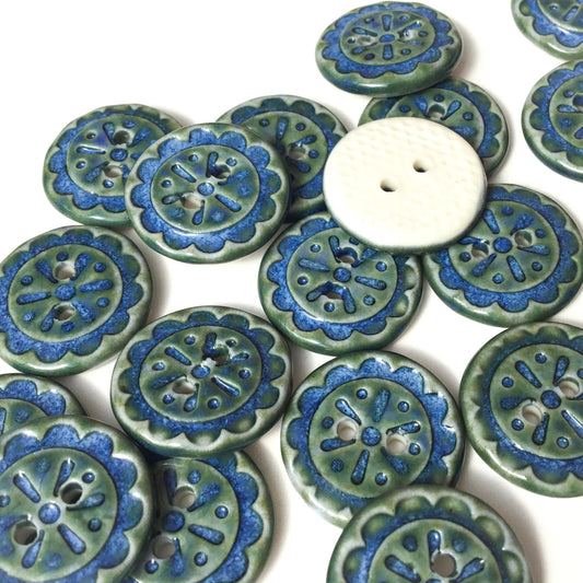 Scalloped Flowers Porcelain Button  ‘Indigo Float’  11/16"