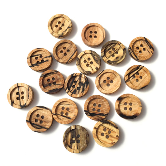 Four Hole Inset Button - Spalted American Elm Wood  1"