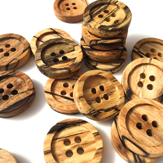 Four Hole Inset Button - Spalted American Elm Wood  1"