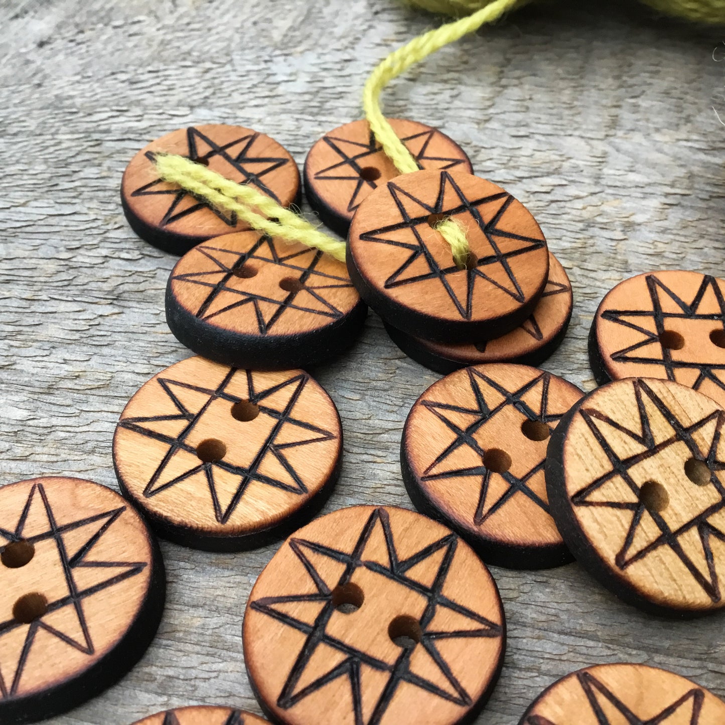 Wood Burned Quilt Star Button on Cherry Wood  1"