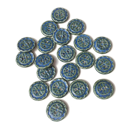 Scalloped Flowers Porcelain Button  ‘Indigo Float’  11/16"