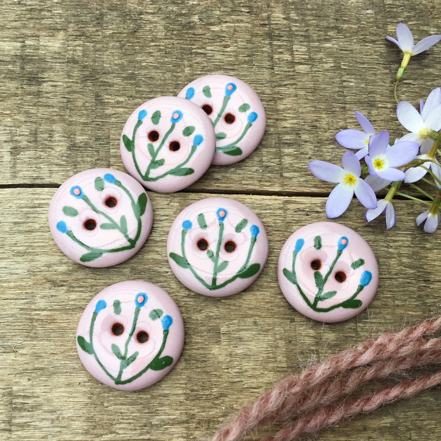 'Dainty Blues' Pink Ceramic Button  3/4"