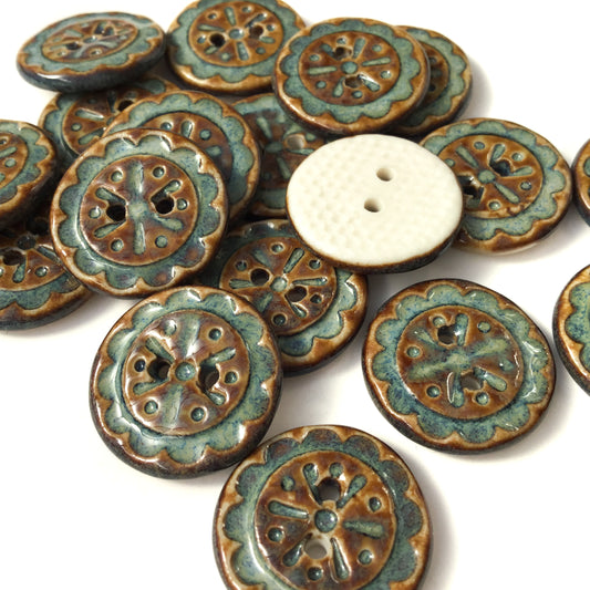 Scalloped Flowers Porcelain Button  ‘Turquoise Patina’  11/16"