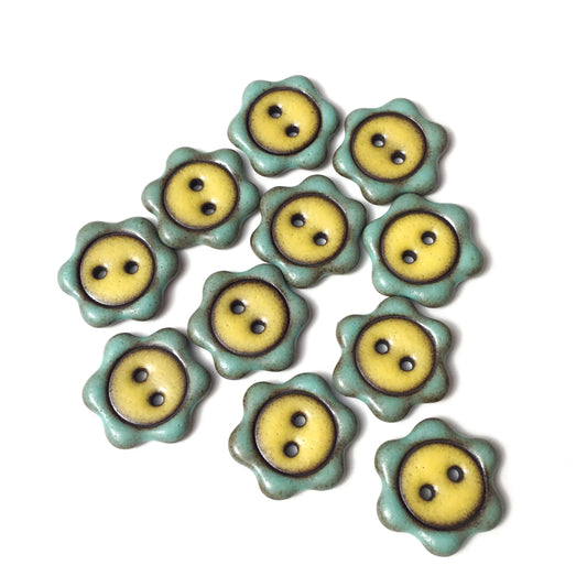 'Floral Darlings' Black Stoneware Button - Seafoam & Lemon Custard - 7/8"