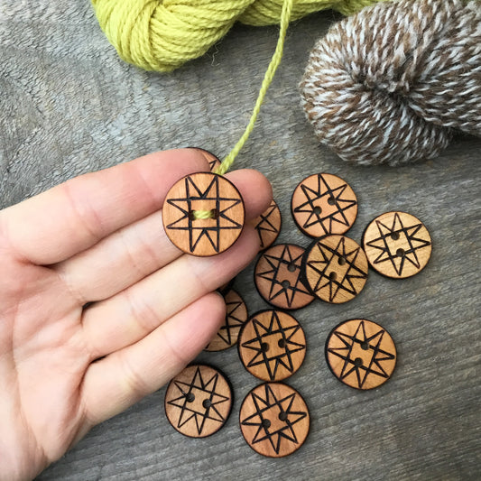 Wood Burned Quilt Star Button on Cherry Wood  1"