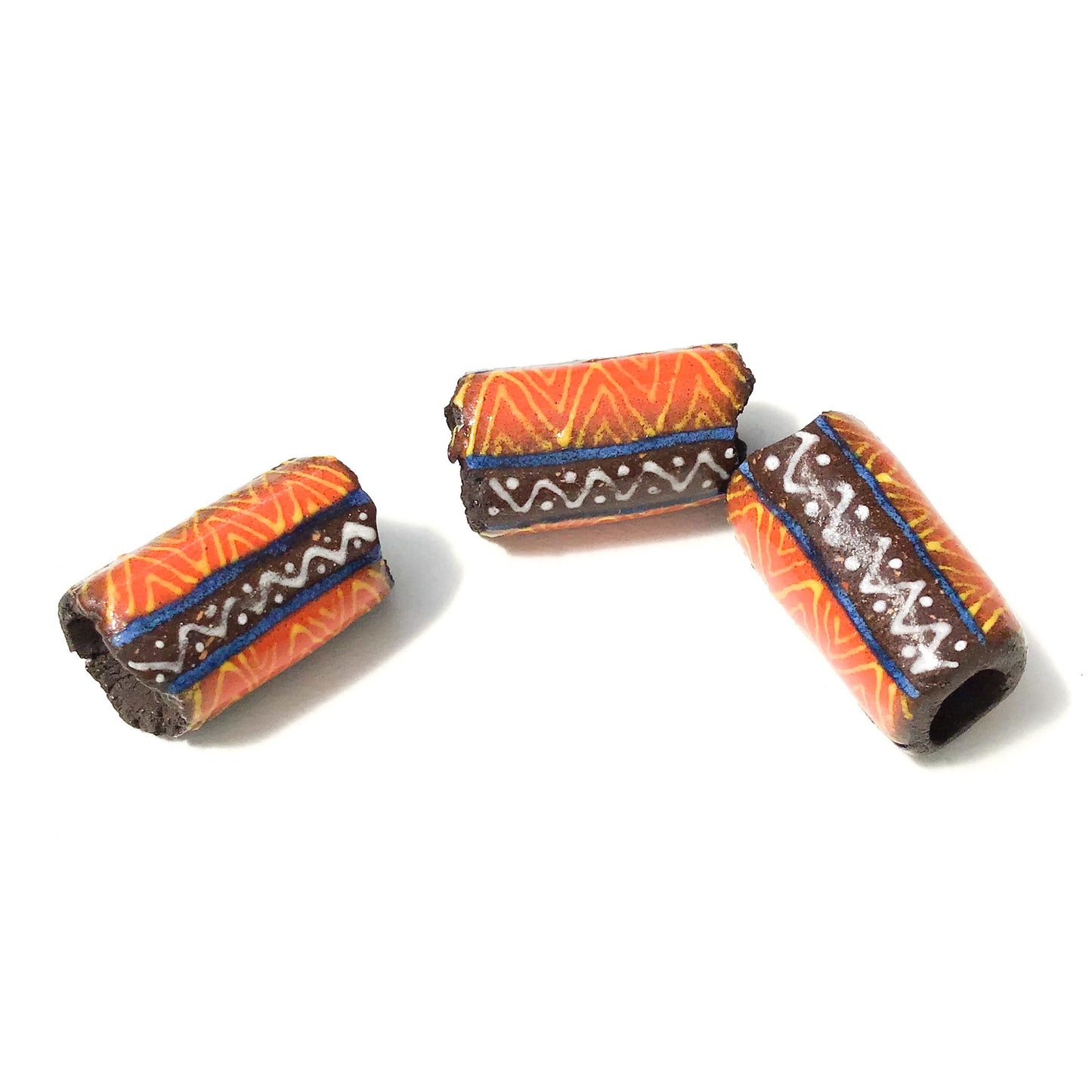Black Clay Beads with Handpainted Detail - Red + Yellow + Blue Beads - Set of 3