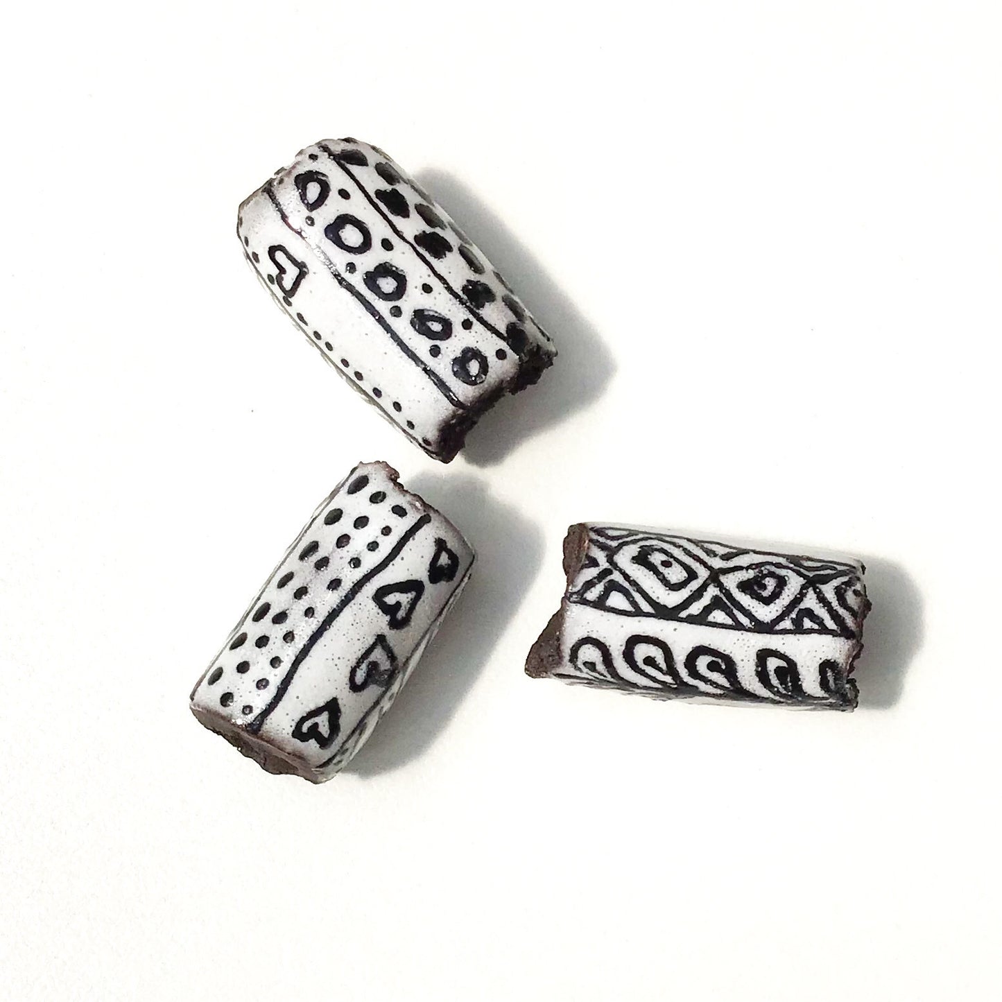 Black Clay Beads with Handpainted Detail - Black and White Beads - Set of 3