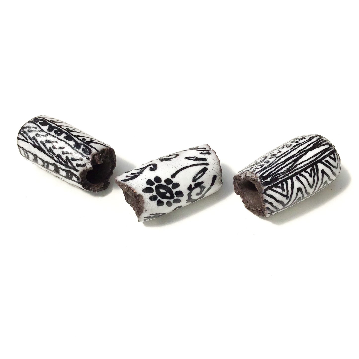 Black Clay Beads with Handpainted Detail - Black and White Beads - Set of 3