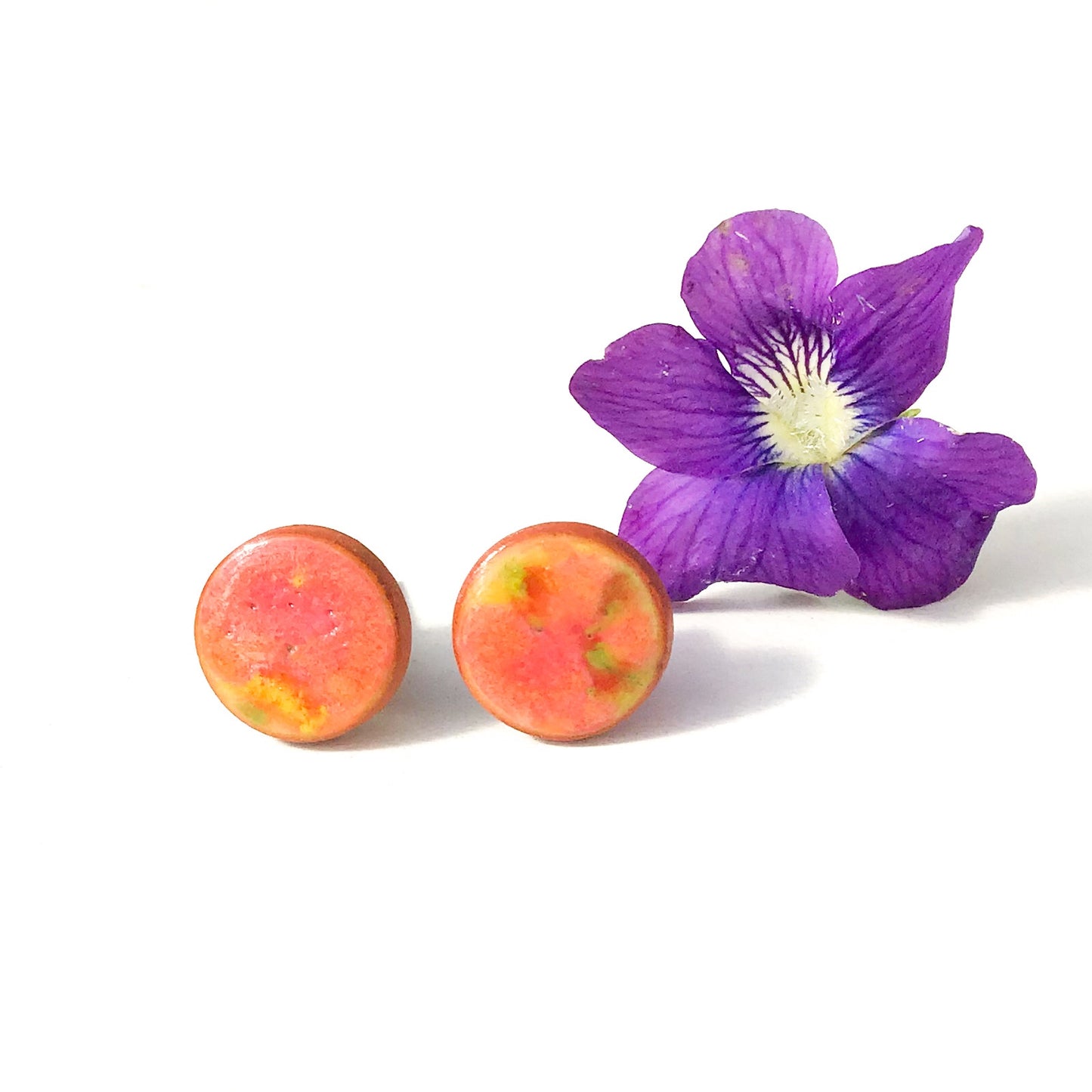 Color Splash Ceramic Earrings on Red Clay - Ceramic Stud Earrings