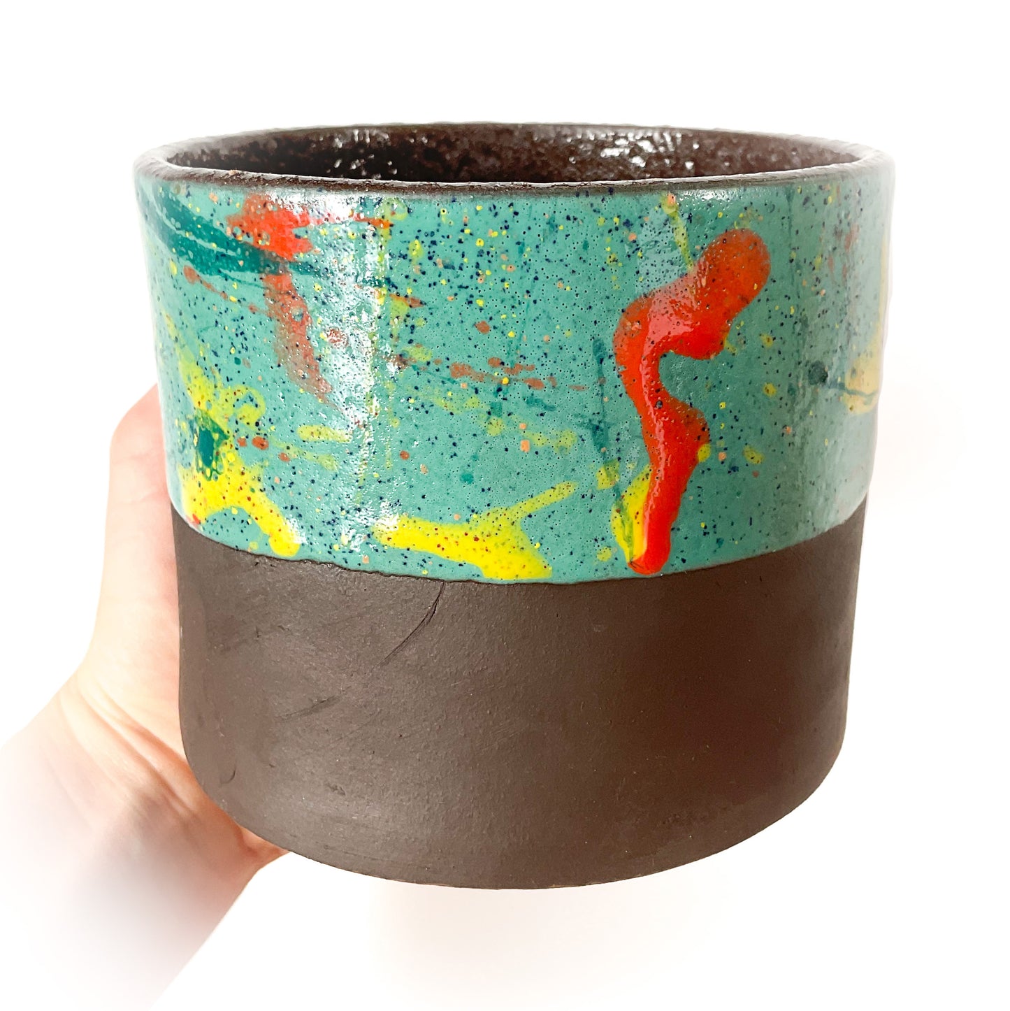 Sunshine & Turquoise - Rustic Black Clay Splatter Pot