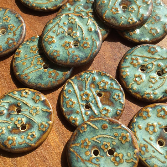 ‘Turquoise Patina’ Plum Blossom Porcelain Button  1"