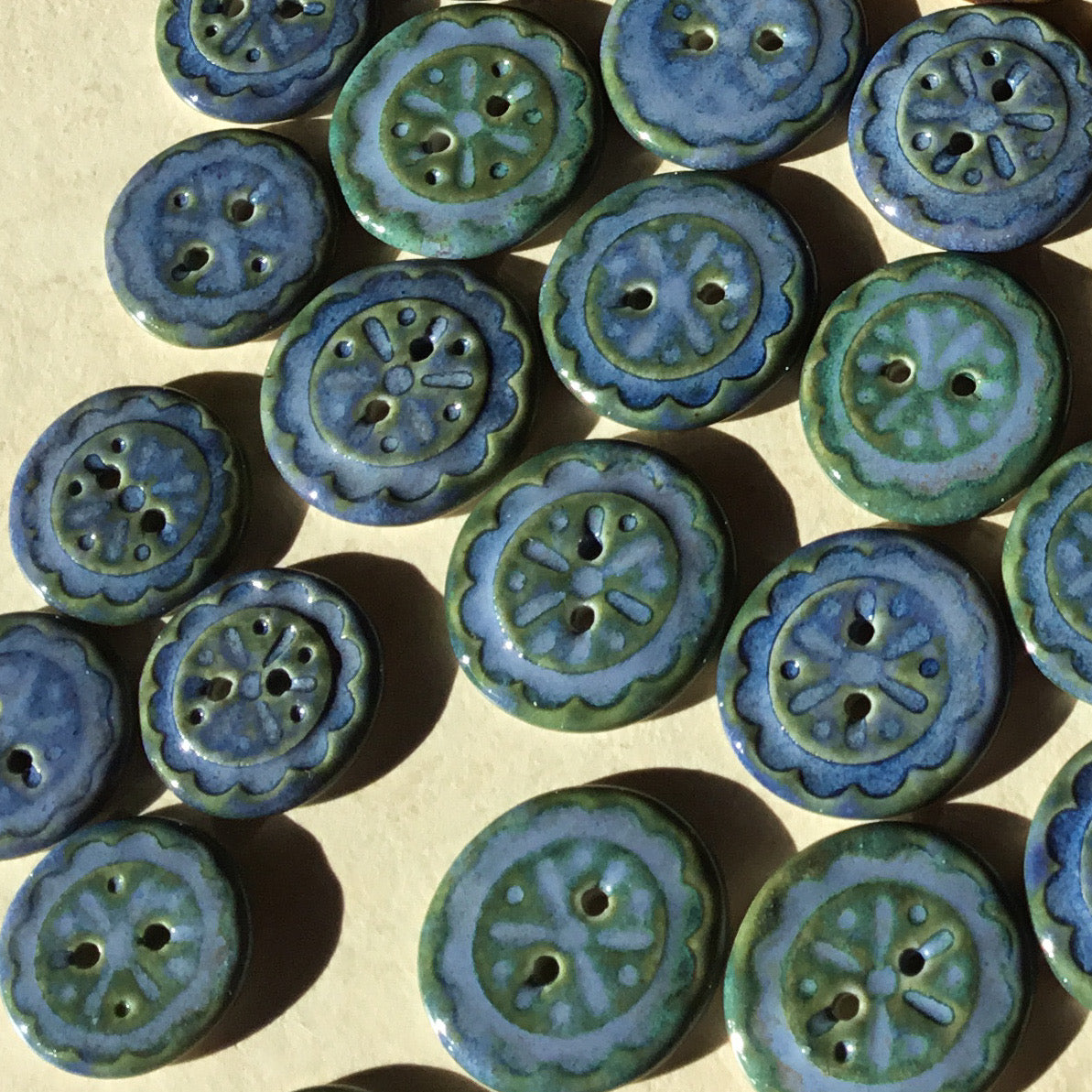Scalloped Flowers Porcelain Button  - Indigo