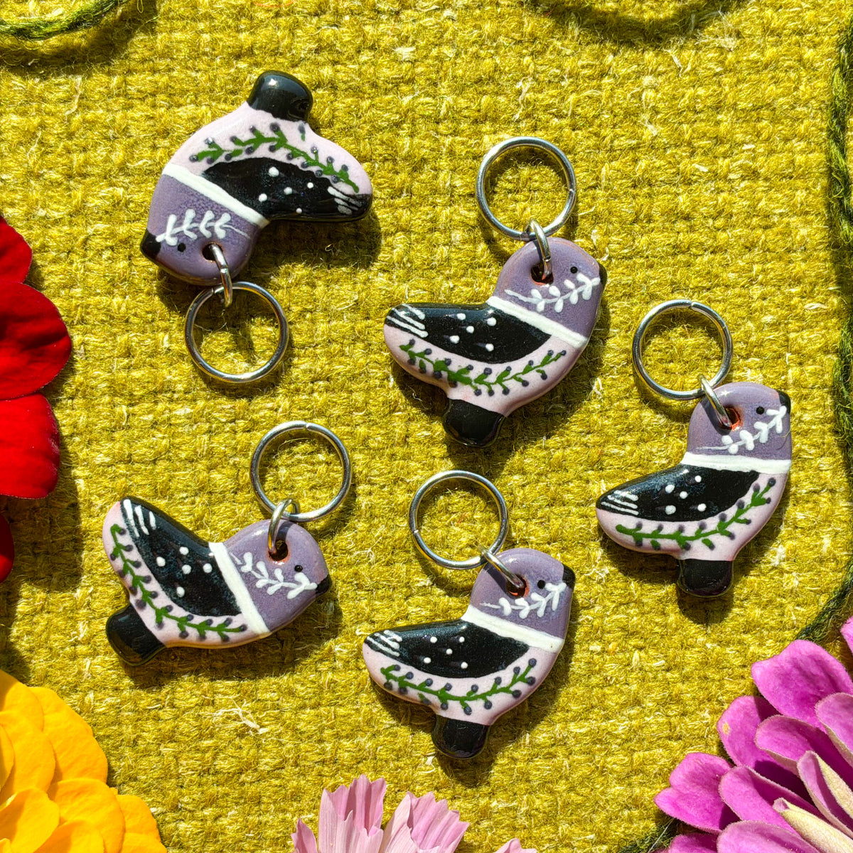 Ceramic Folk Bird Stitch Marker  3/4" x 7/8"