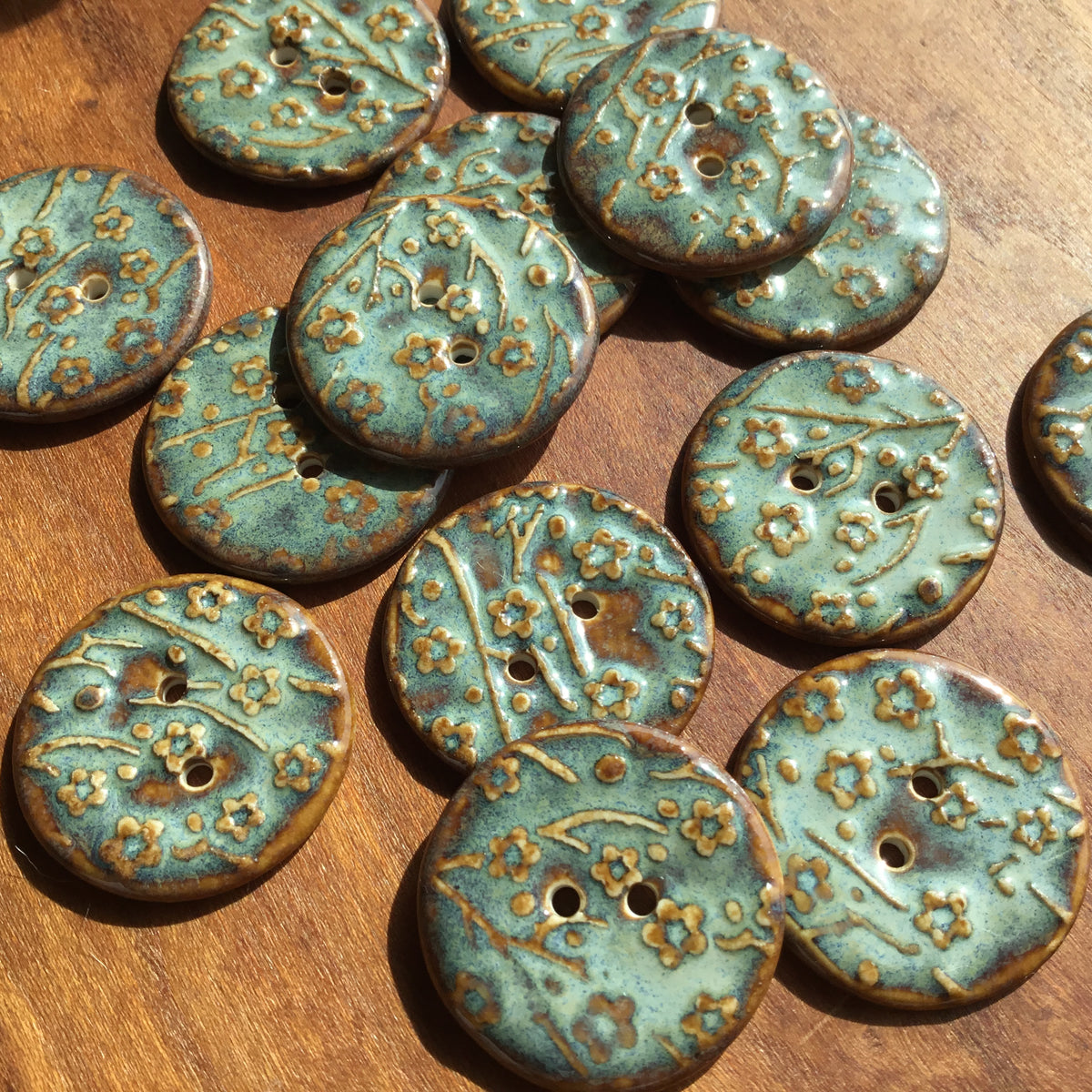 ‘Turquoise Patina’ Plum Blossom Porcelain Button  1"