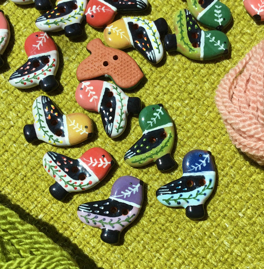 Ceramic Folk Bird Buttons  3/4" x 7/8"