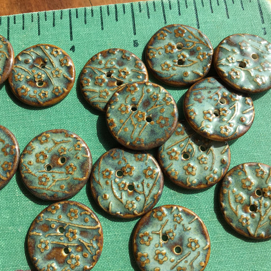 ‘Turquoise Patina’ Plum Blossom Porcelain Button  1"