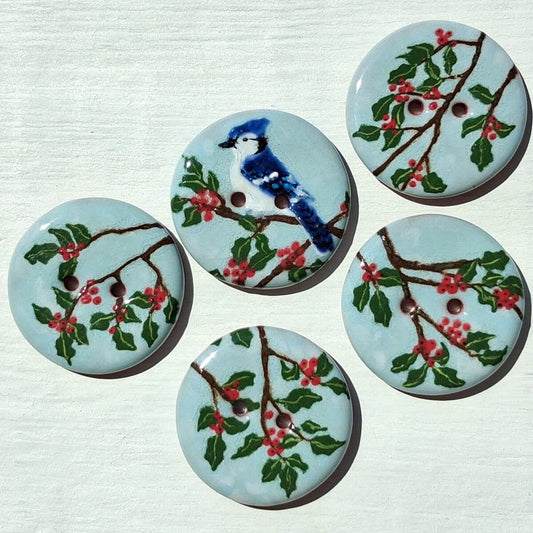 ‘Winter Berry Blue Jay’ 1-1/16” one-of-a-kind 5-pack