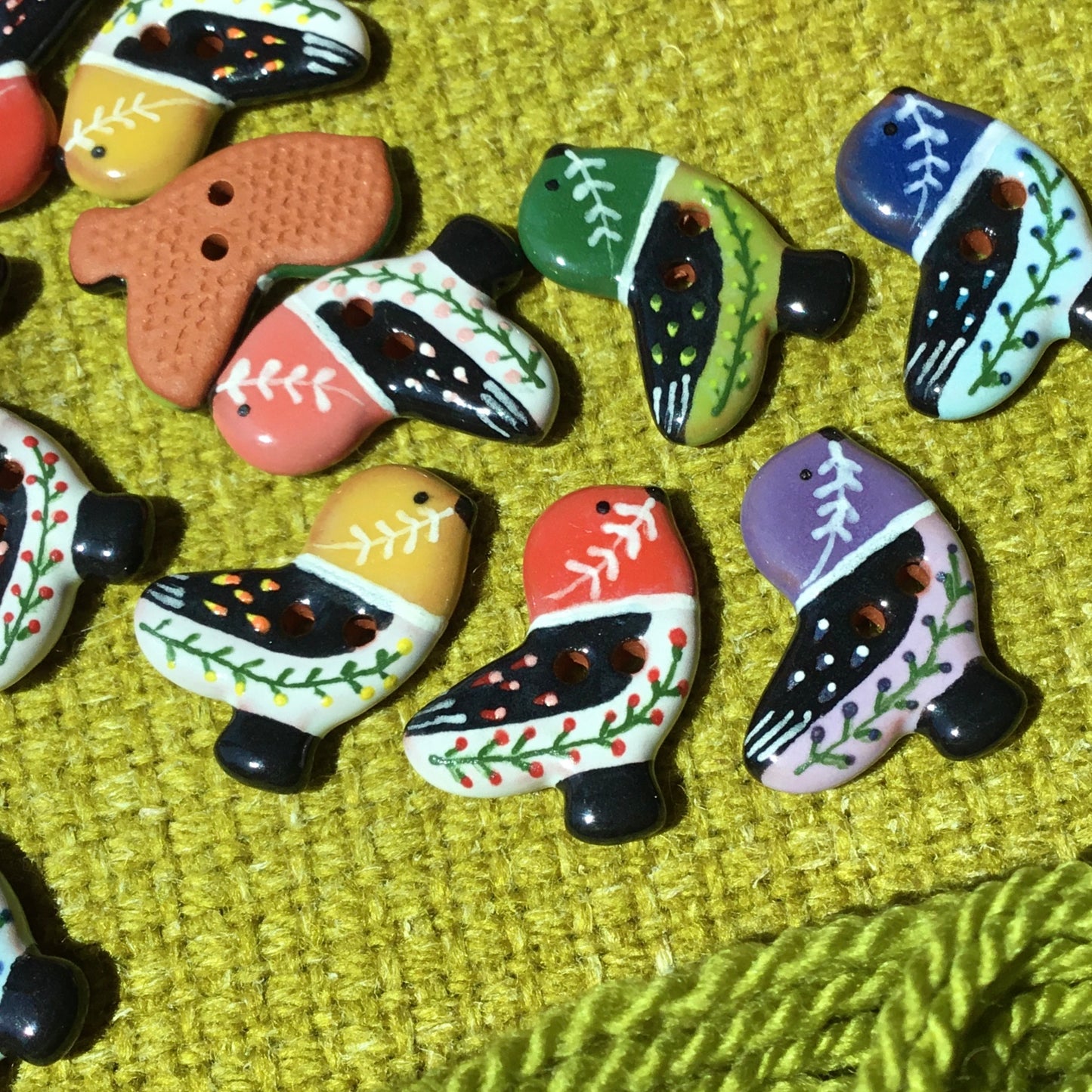 Ceramic Folk Bird Buttons  3/4" x 7/8"