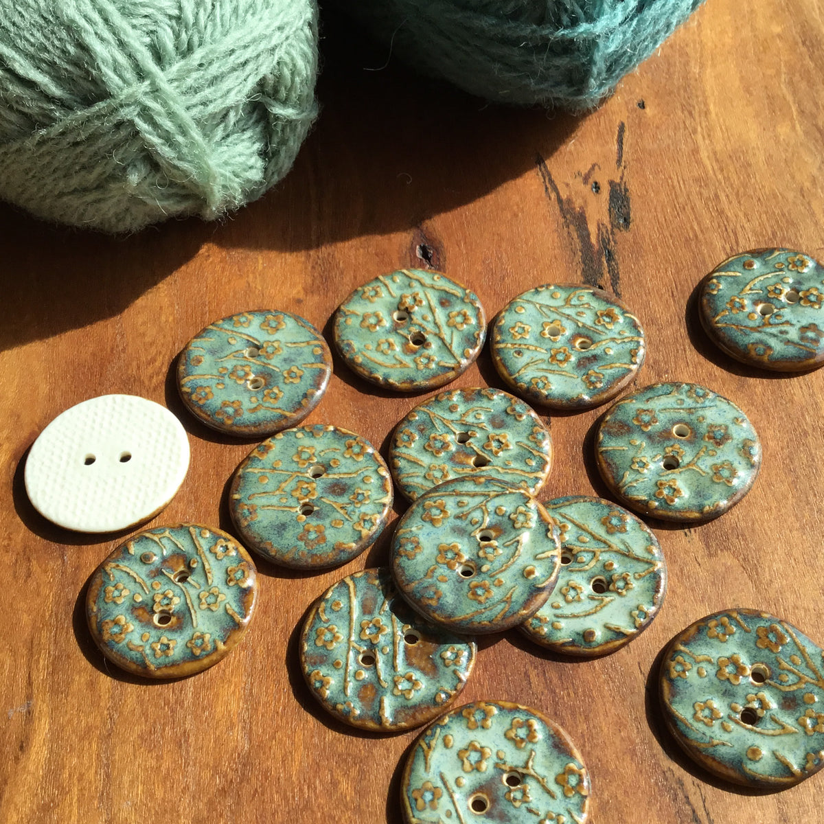 ‘Turquoise Patina’ Plum Blossom Porcelain Button  1"